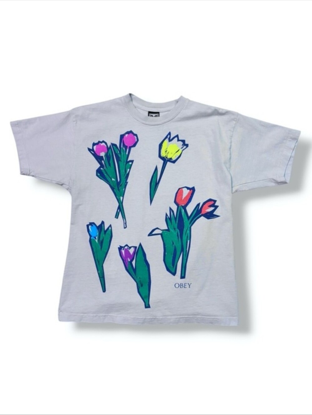OBEY Light Blue Dutch Cut Tulips Short Sleeve Shirt Size Small